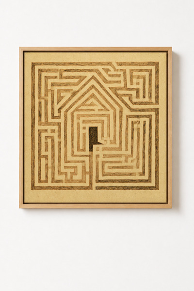 Geometrik Labirent Tablo - Doğal Ahşap Yüzer Çerçeveli Büyük Boy Salon Tablosu 104x104 cm