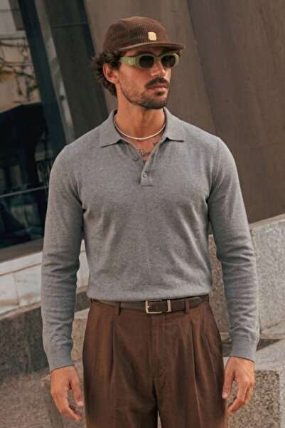 COMBİNE MİCHAİL Men's Buttoned Collar Autumn Gray Sweater