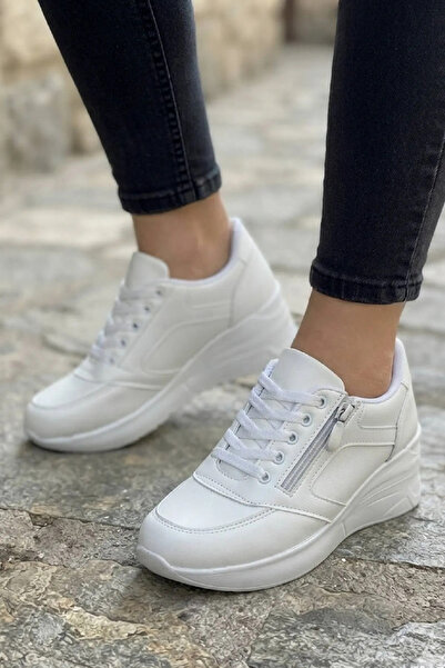 sefayol Paien White Matte Leather Lace-Up Zippered Women's Sports Shoes