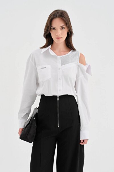 tw3 Women's 100% Cotton One-Shoulder Open-Fit Shirt with Stone Design