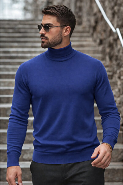 comstar Men's Winter Basic Long Collar Navy Blue Sweater