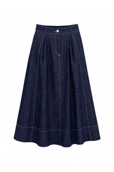 Buket Teke Navy Blue Stitched Maxi Jean Skirt