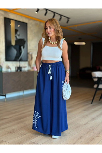 AZRA BUTİK Blue Embroidered Trouser Skirt