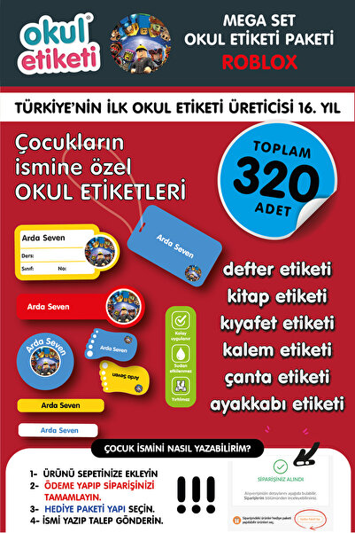 OKUL ETİKETİ BASKI MEGA ROBLOX TEMALI PAKET İSME ÖZEL OKUL ETİKETİ / STICKER ...