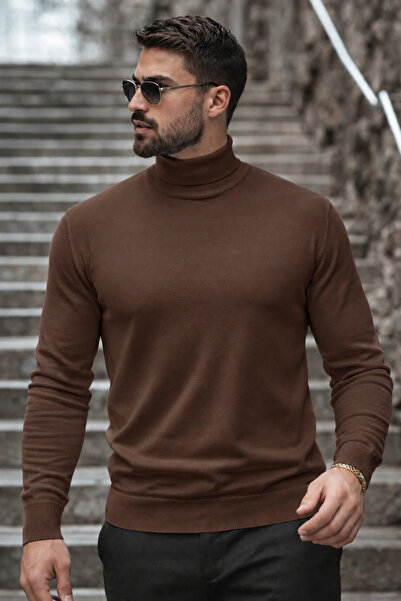 comstar Men's Winter Basic Long Collar Brown Sweater
