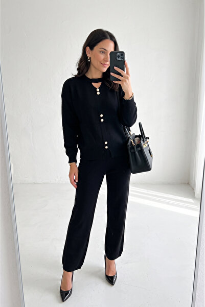 SAYZEN YOUR SHİNE Basic Gold Buttoned Collar Detail Sweater-Pants Women's Kni...