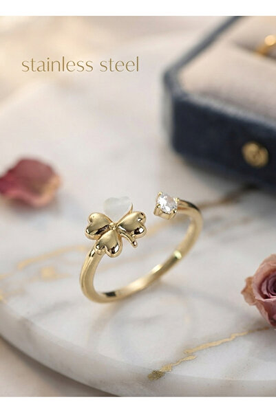 stainless steell Gold Color Clover Model Pearlescent Adjustable Steel Ring