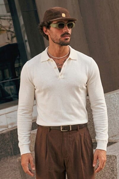 COMBİNE MİCHAİL Men's Buttoned Collar Autumn White Sweater