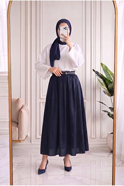 MİHRA STORE Zerbeste Lined Voile Skirt-As3065 Navy Blue