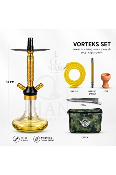han nargile Vorteks Takımı 37 cm Çelik İç Borulu Çantalı Nargile Seti