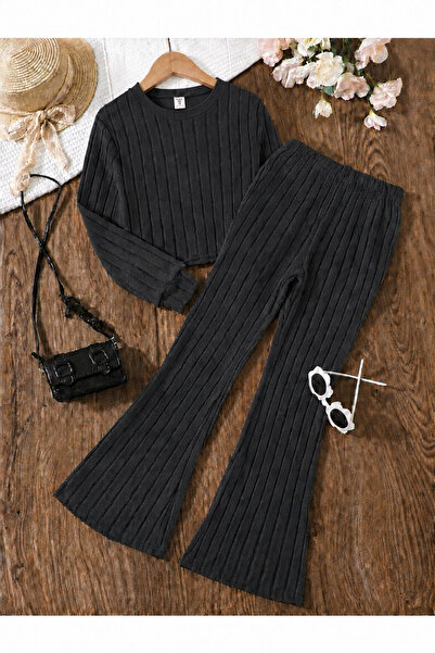 cc collection Girl's Crew Neck Ribbed Top and Spanish-Cut Pants Set
