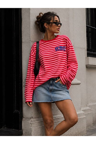 LOVES AGAZA Kadın Kırmızı Çizgili Oversize Tişört Uzun Kollu Bisiklet Yaka Basic %100 Pamuk