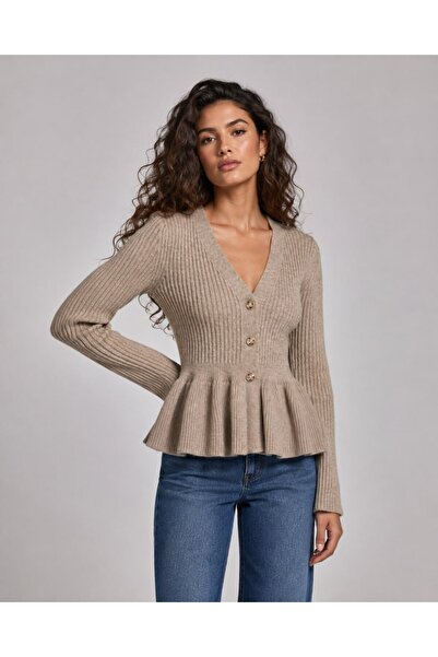 Noi Belis V-Neck Buttoned Ribbed Knit Cardigan with Flywheel Detail Aw26Hi0004