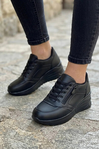 sefayol Paien Black Matte Leather Lace-Up Zippered Women's Sports Shoes