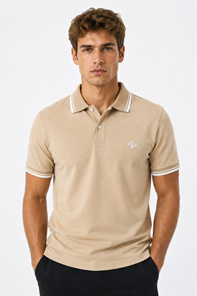 Mesh Men's Beige Polo Collar T-Shirt – White Stripes, 100% Cotton Pique Fabri...