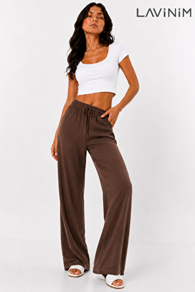 LAVİNİM Women's Wide Leg Linen Trousers Oversize Cut Pants