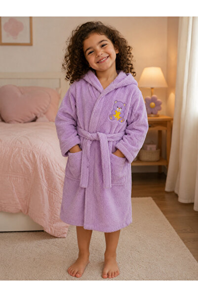 İQON Hooded Children's Bathrobe 100% Cotton – Lilac with Teddy Bear Heart (4-...