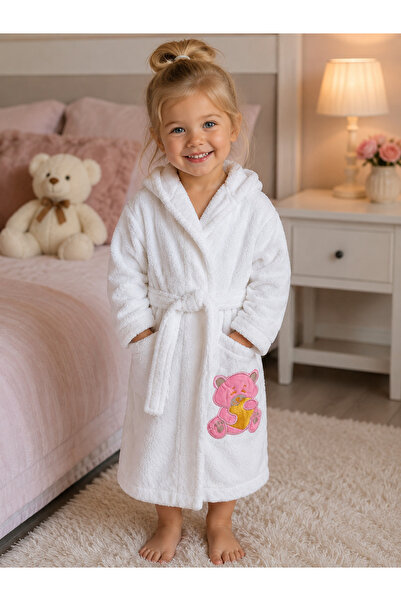 İQON Hooded Children's Bathrobe 100% Cotton – Teddy Bear Heart White (2-4 Years)