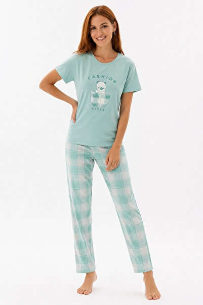MERYU TİCARET Kadın Pijama Takımı Kısa Kollu Turkuaz Desenli M-L-XL-2XL Beden