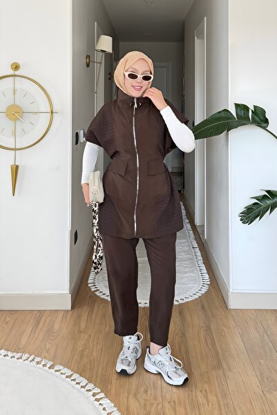 İmajButik Set vestă și pantaloni maro cu fermoar