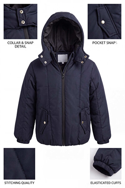 Tonny Black Children's Unisex Navy Blue Regular Fit Flat Zippered Hooded Coat