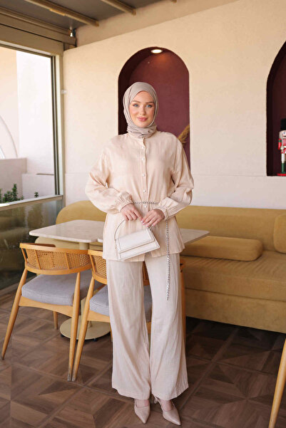 İmajButik Beige Elastic Sleeve Buttoned Tunic Trouser Suit