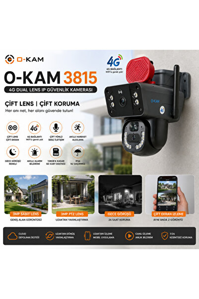 O-KAM PRO O-KAM 3815 4G - WİFİ 6MP Dual Lens Güneş Panelli Solar Sirenli Güve...