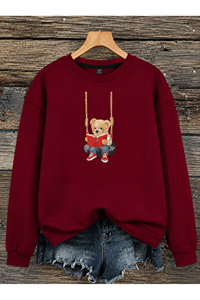 ESADE Kadın Teddy Bear Ayıcık Baskılı Rahat Kalıp Bisiklet Yaka Bordo Sweatshirt
