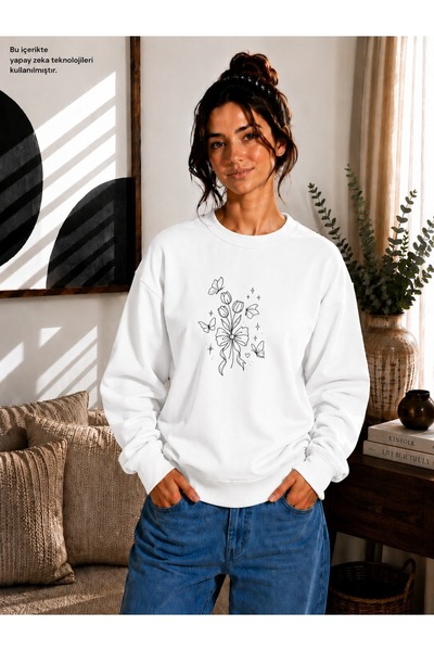 EMMODA Women's Bowknot Tulip Bunch and Butterfly Printed Round Crew Neck Casu...