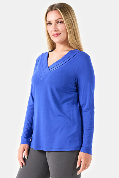 TOLGA SARAÇOĞLU 11021 Cobalt Blue Pile Collar Long Sleeve Knitted Blouse