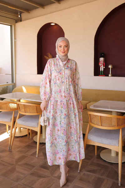 İmajButik Pembe Yarım Düğmeli Kol Lastikli Desenli Elbise