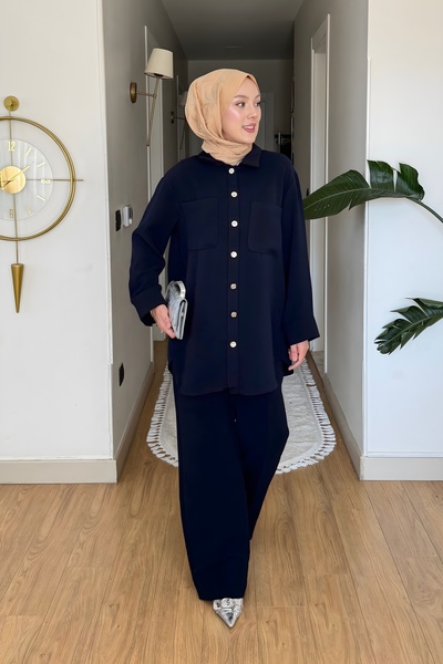 İmajButik Navy Blue Shirt with Collar Garnish Detail Tunic and Trousers Set