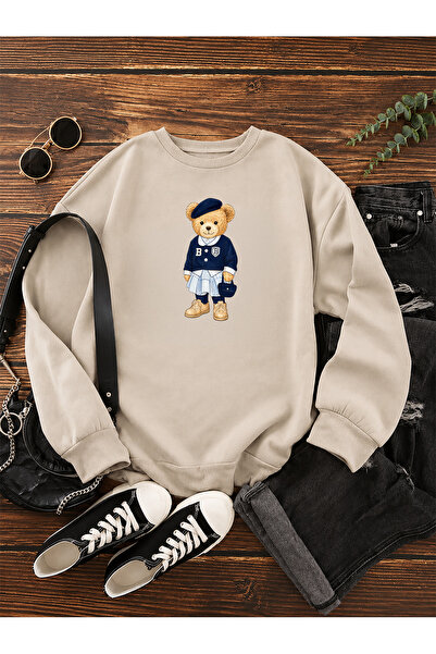 ESADE Kadın Kolej Ayıcık Grafik Baskılı Rahat Kalıp Bisiklet Yaka Bej Sweatshirt
