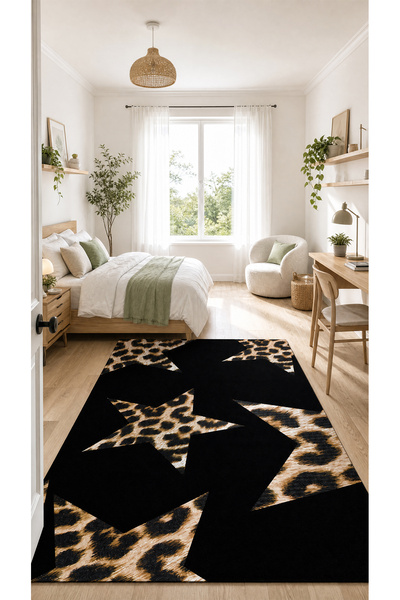 SionFabric Digital Cool Yıldız Leopar Genç Odası Yıkanabilir Dekoratif Halı K...