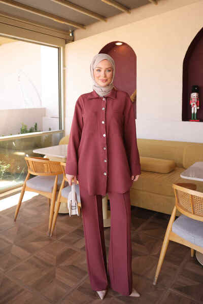 İmajButik Tile Shirt Collar Garni Detailed Tunic Pants Set