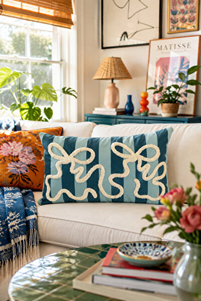 Pilloveland Punch Embroidered Throw Pillow Cover - 50X30 cm - Rectangular Blu...