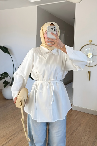 İmajButik Ekru Biye Bağcıklı Salaş Tunik