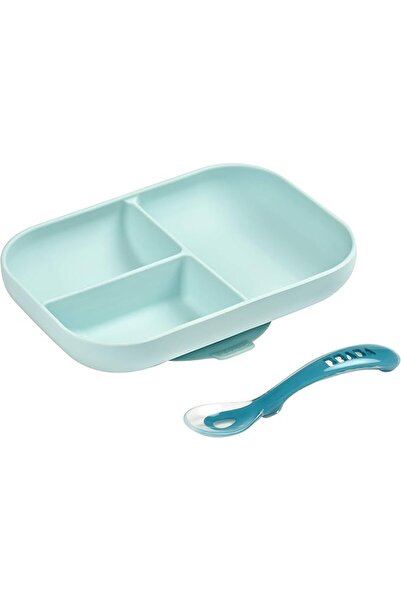 GENERAL Beba Suction Divided Silicone Plate Set with Spoon, Blue, Number of P...