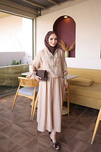 İmajButik Beige Star Stone Embroidered Jacket and Skirt Set
