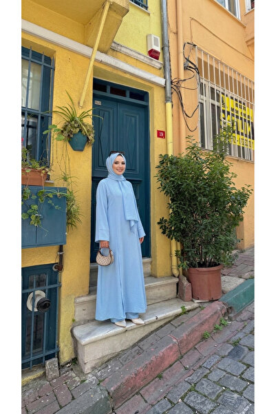 VELİNA & MODA Kadın Buz Mavisi Uzun Tunik ,Geniş Paça Pantolon ve şal üçlü ta...