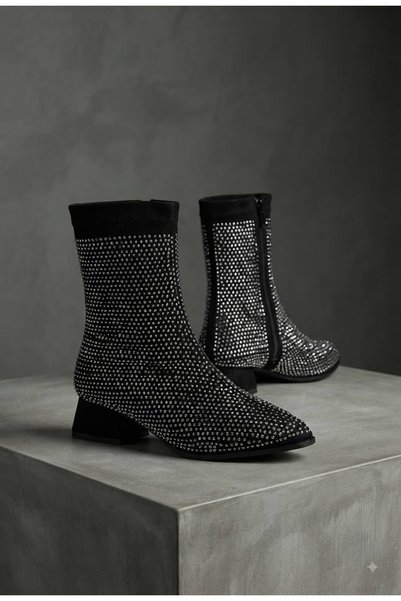 Macelife Suede Shiny Stone Heeled Women's Boots Black