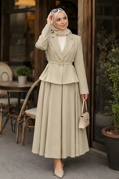 İmajButik Light Khaki Jacket and Skirt Crepe Set