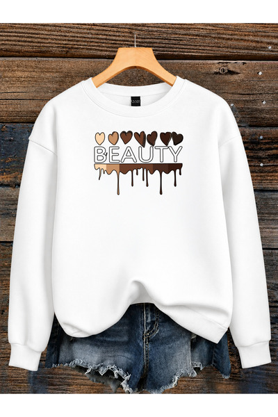 Kadın Beatuy Yazılı Kalp Baskılı Rahat Kalıp Bisiklet Yaka Beyaz Sweatshirt