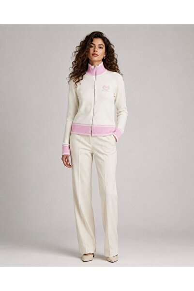 Noi Belis High Collar Zippered Contrast Detailed Embroidered Knitwear Cardiga...