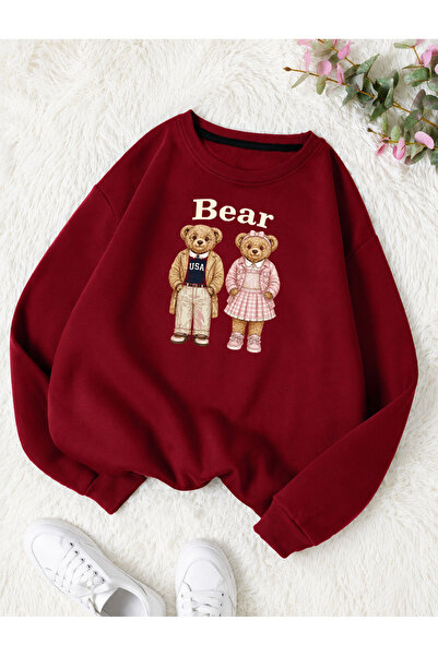 ESADE Kadın Kolej Stili Bear Vintage Baskılı 2li Ayıcık Bisiklet Yaka Bordo S...