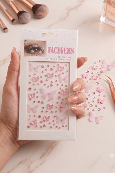 BearPear Pembe Kelebek ve Taş Detaylı 3D Yüz, Vücut, Makyaj Süsleme Face Gems