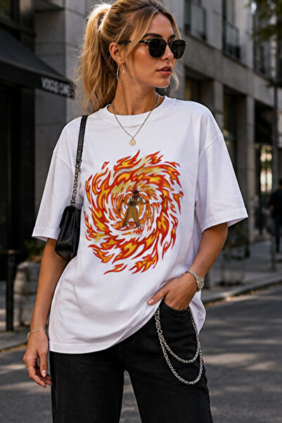 Trend Mixs Women's Oversize Printed T-Shirt White Short Sleeve Crew Neck Casu...