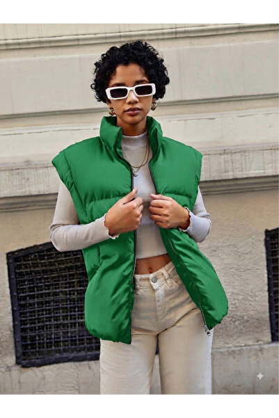 ladyzey Women's Pistachio Green Stand-Up Collar Double Pockets Metal Zipper S...