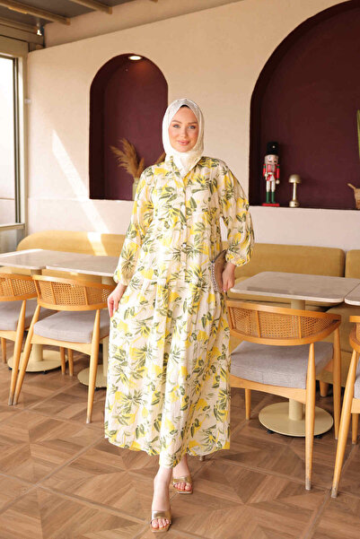 İmajButik Sarı Yarım Düğmeli Kol Lastikli Desenli Elbise