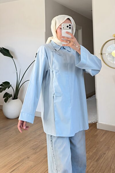 İmajButik Mavi Biye Bağcıklı Salaş Tunik